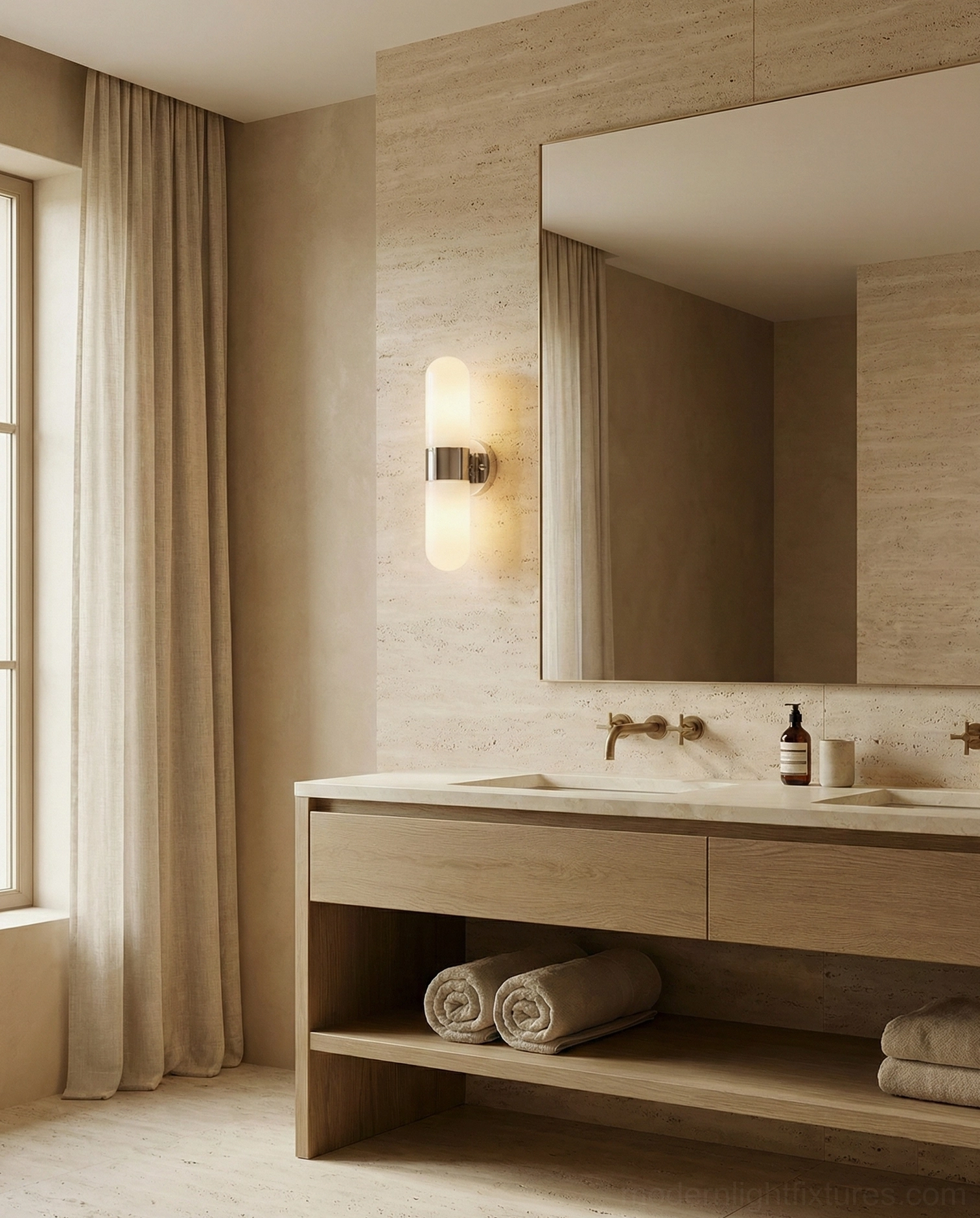Milano wall sconce installed in luxury wood-tone bathroom vanity area - damp-rated bathroom lighting