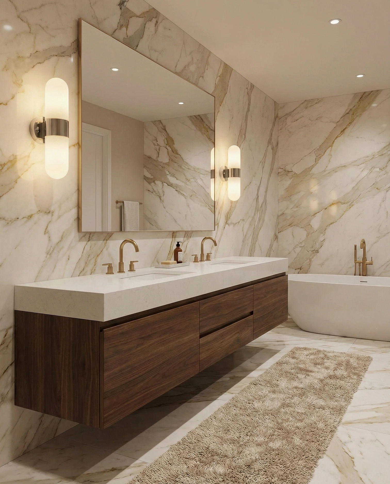 Milano wall sconces in high-end marble bathroom with dual-sink vanity and freestanding tub