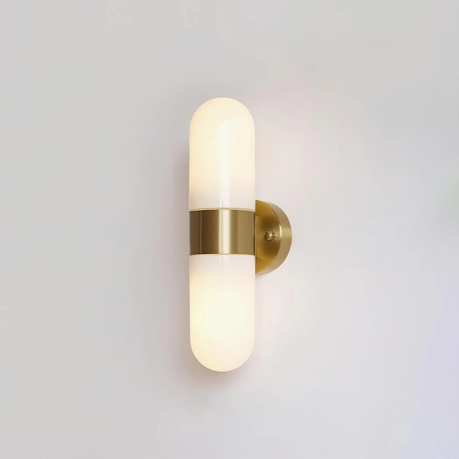 Contemporary wall sconce fixture with brushed gold metal hardware and frosted glass - luxury design