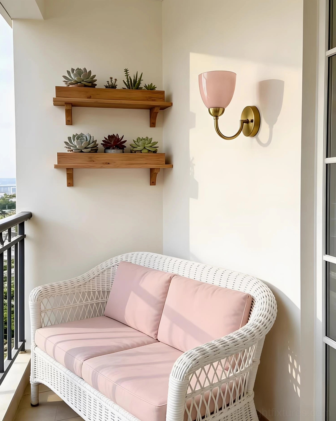 Pink Mild Velin wall sconce in indoor balcony lounge with woven loveseat and succulent shelves