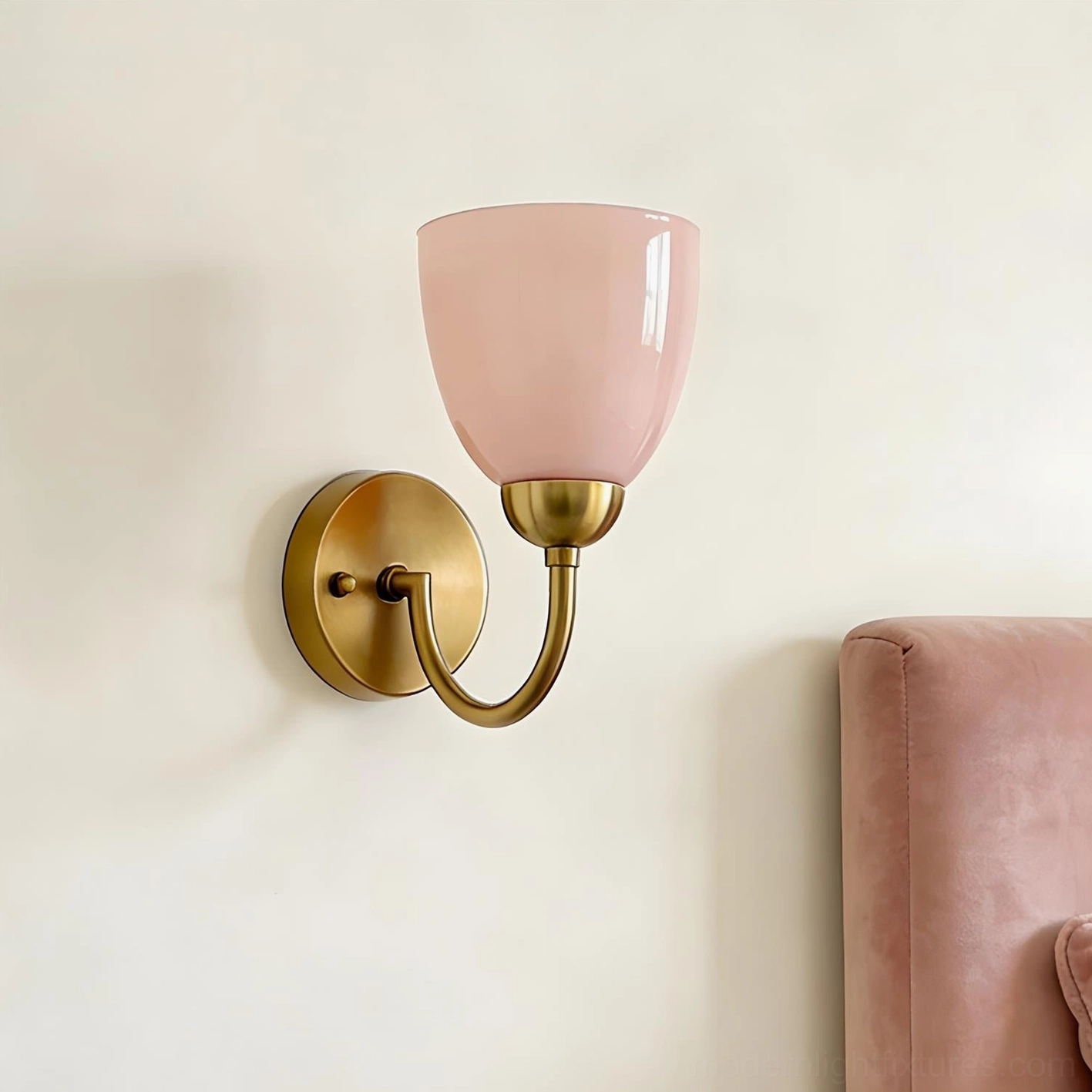 Mild Velin frosted glass wall sconce design detail - curved brass hardware and shade construction