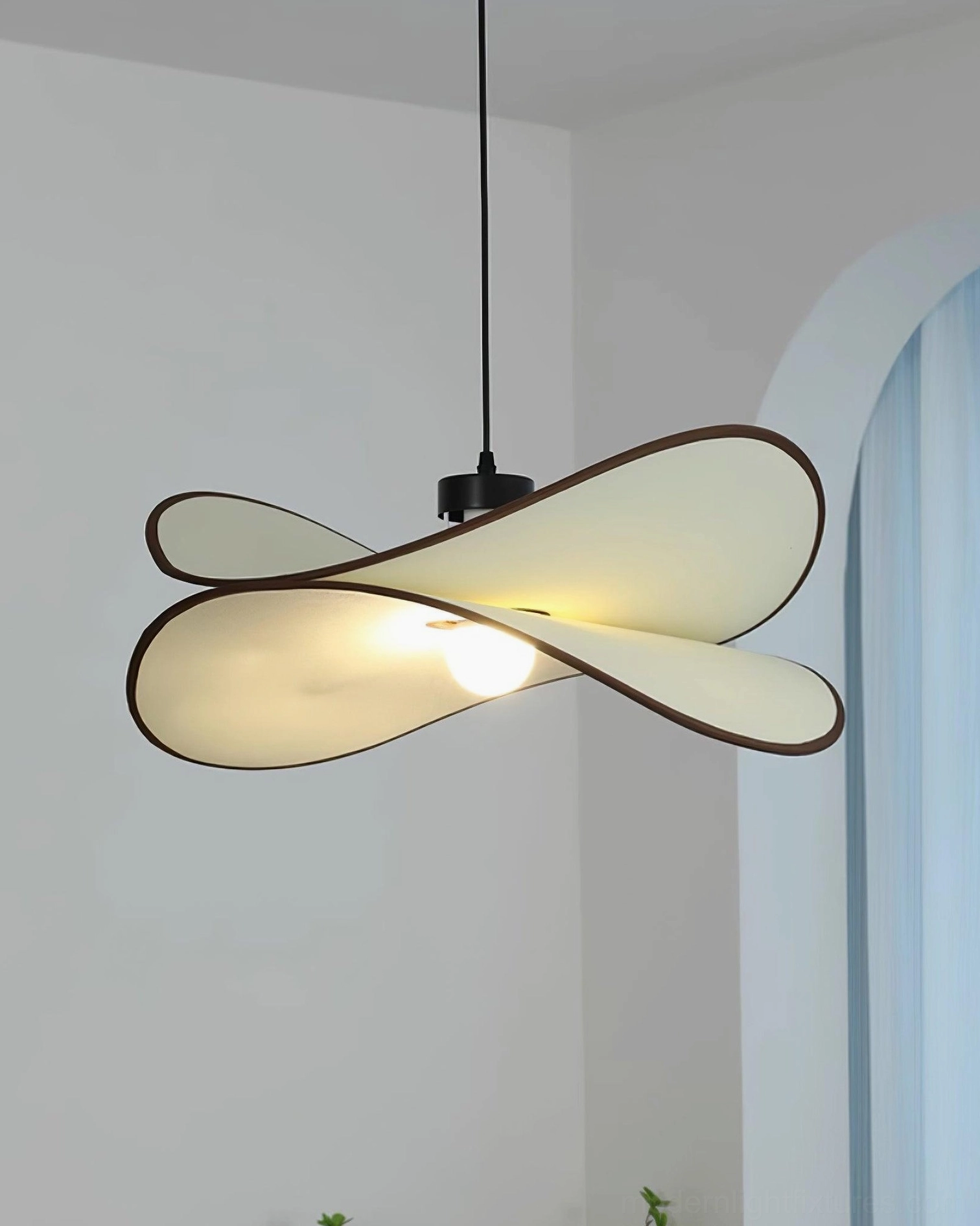 Miley fabric pendant light full product shot showing organic curved form and neutral cream and brown tone palette