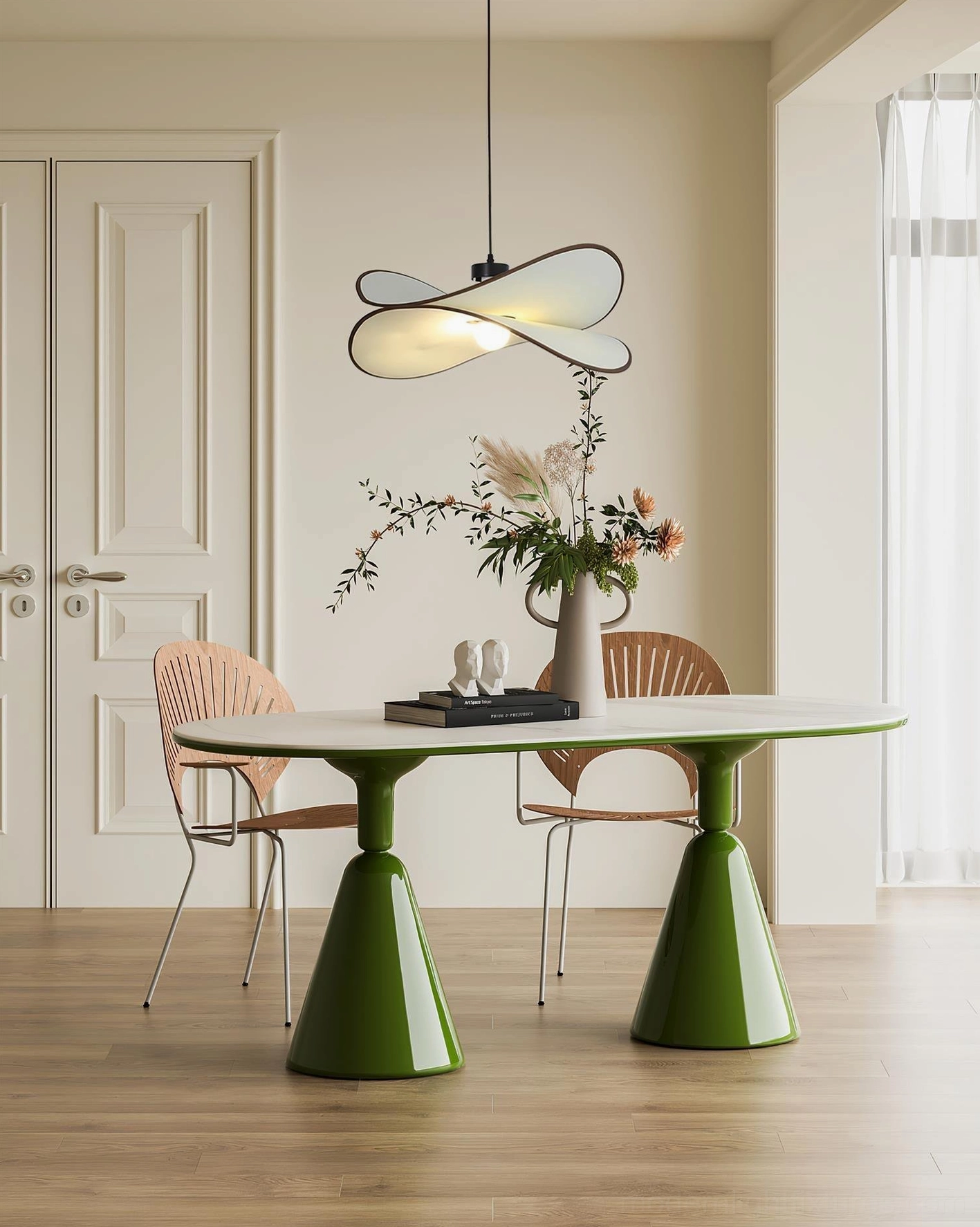 Miley curved fabric pendant light in Black and White color variant showing size comparison and design silhouette