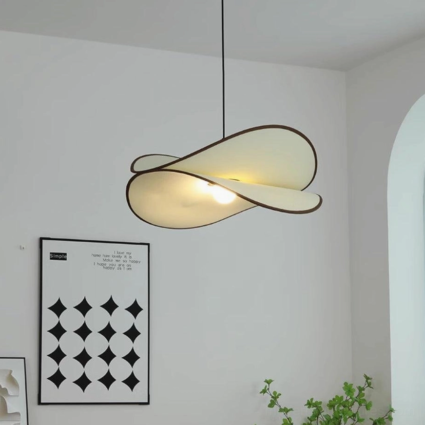 Miley modern hanging pendant light suspended from ceiling showing fabric shade construction and hanging wire attachment point