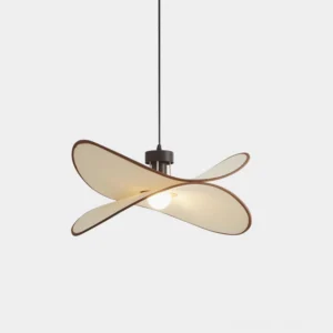 Miley modern fabric pendant light with organic curved petal design, front low-angle view with warm off-white fabric shade and black hanging hardware on studio background