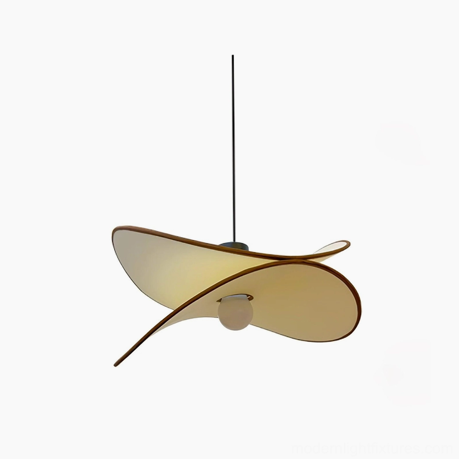 Miley modern pendant light creative angle showing flowing petal form and how fabric shade creates soft directional light pattern