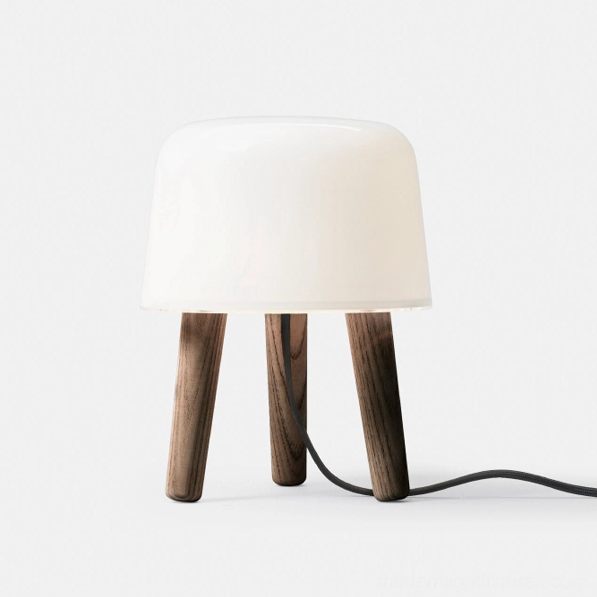 Milk glass table lamp in walnut finish wood base, warm amber lighting for modern home office and bedside applications