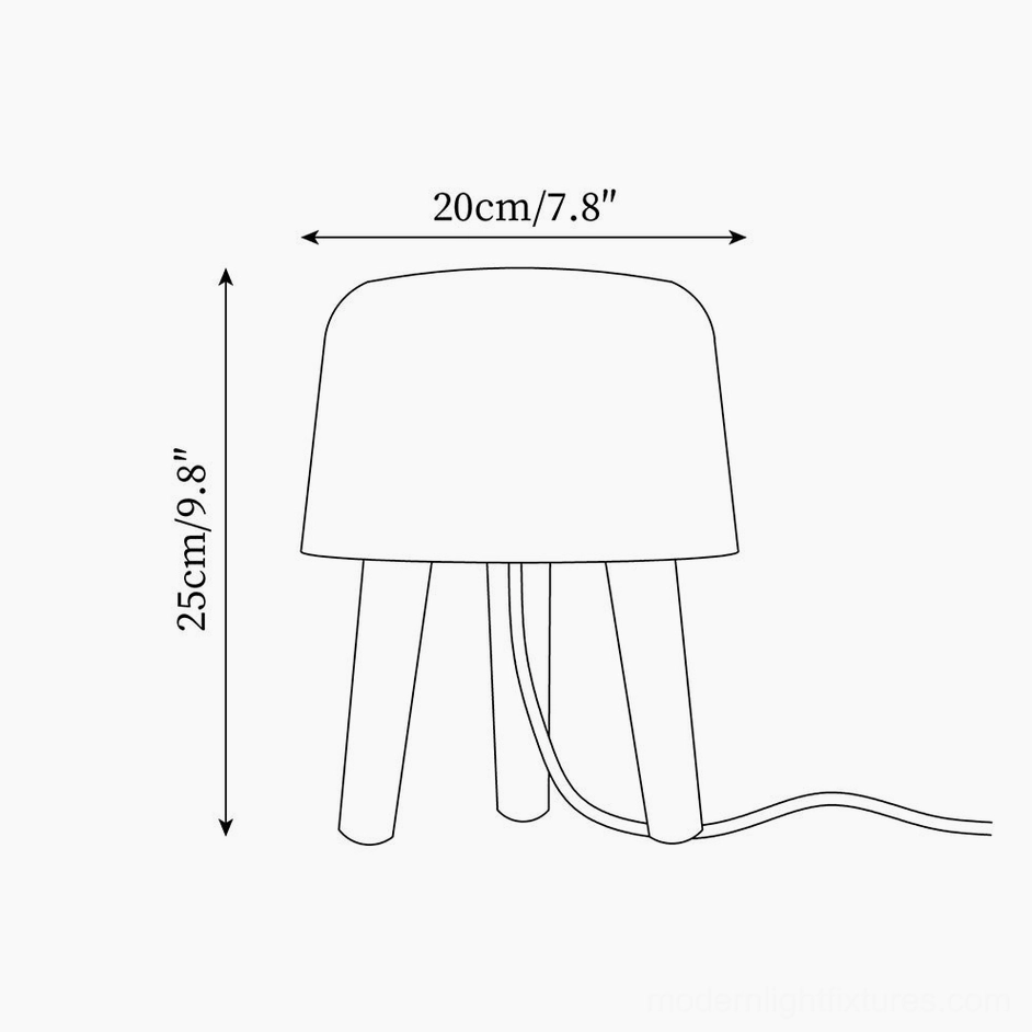 Technical schematic and dimension drawing of milk glass table lamp showing 20cm diameter and 25cm height specifications