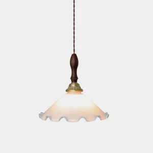 Vintage milky flower pendant light with ruffled frosted glass shade and brass hardware, front view on white background