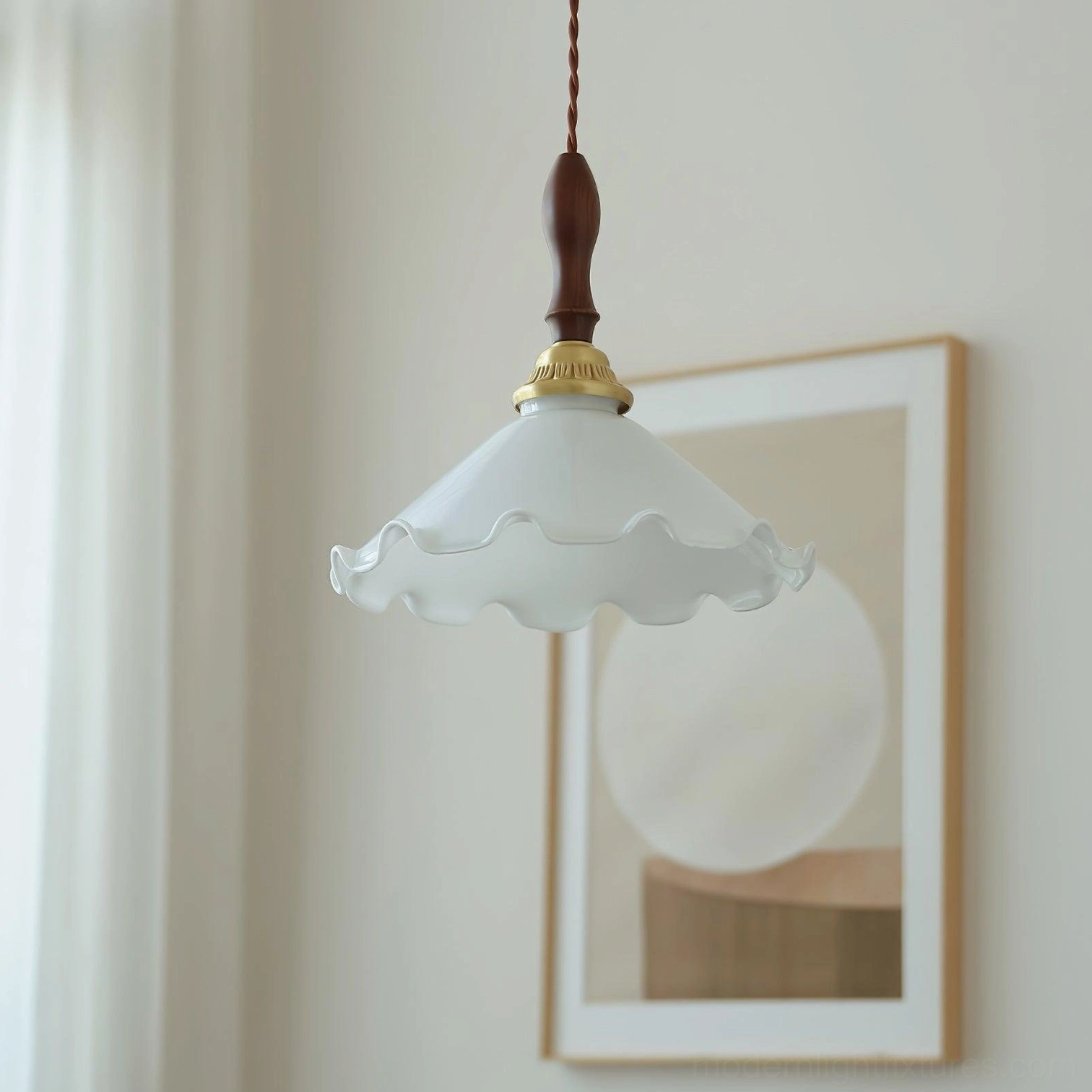 Milky white frilled pendant fixture with walnut wood and brass hardware, room ambiance shot