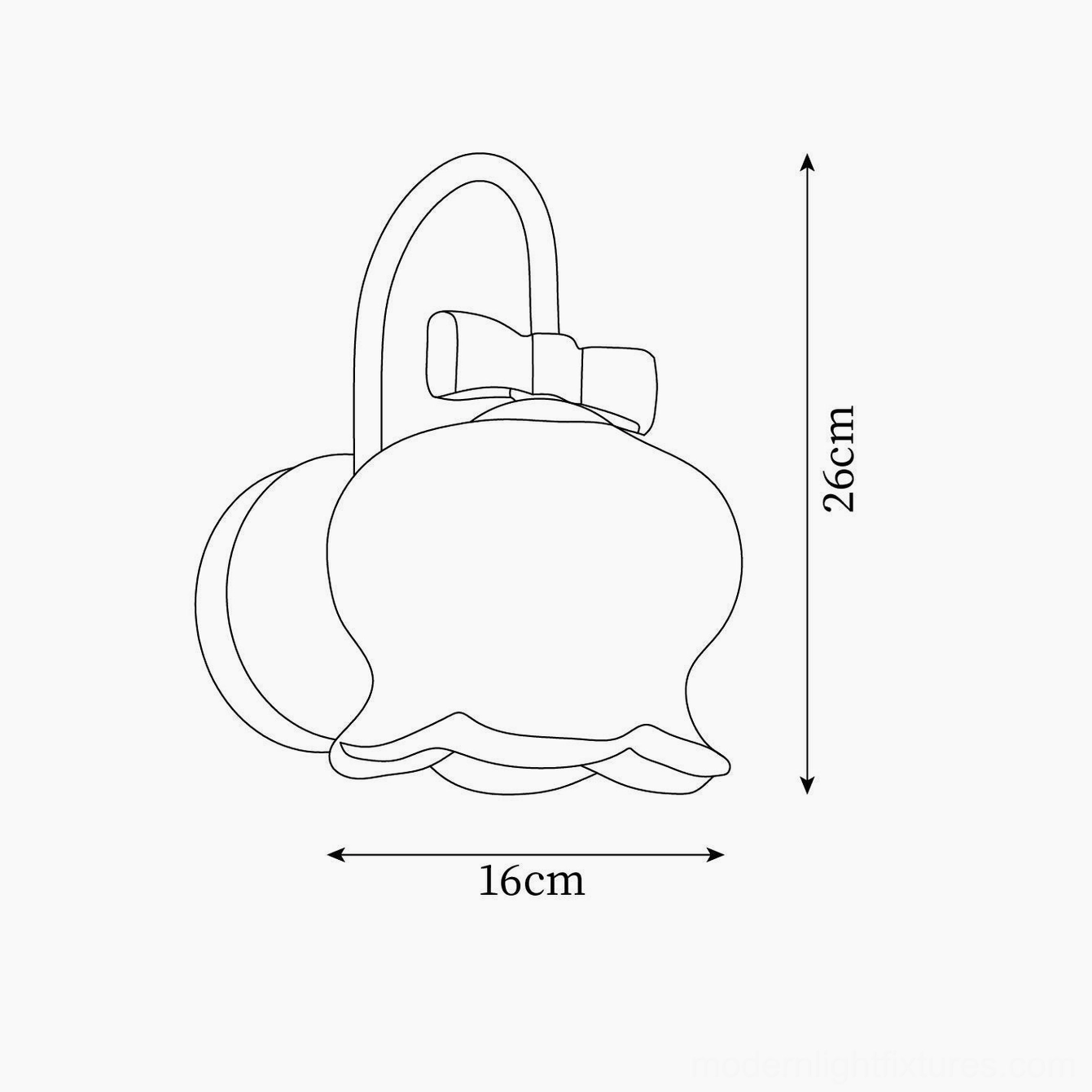 Millie Bells wall sconce technical line drawing showing dimensions 16cm width and 26cm height with lamp outline specifications