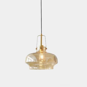 Millow modern pendant light with amber glass shade in studio view, Bauhaus design