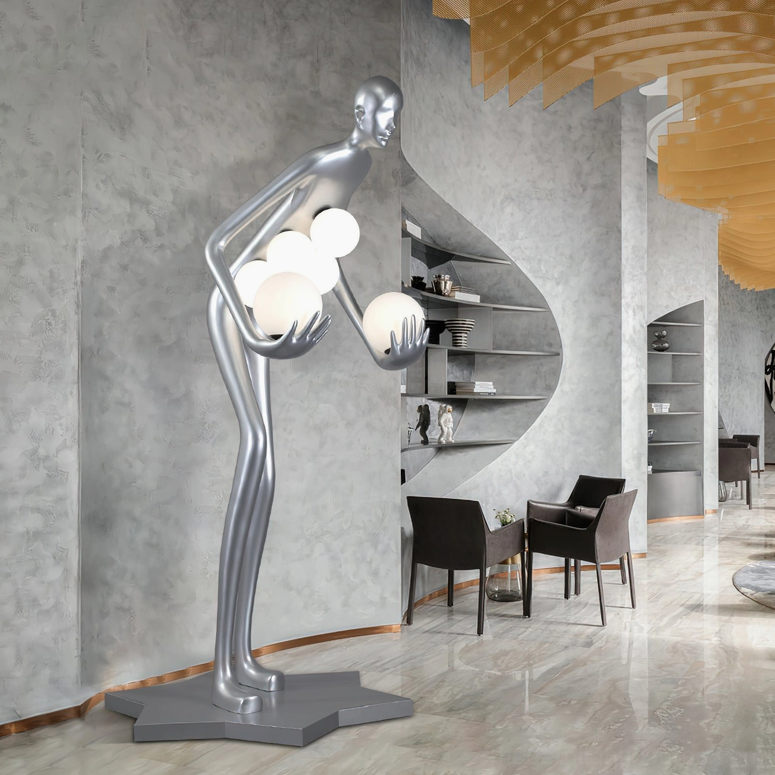 Artistic humanoid floor lamp in silver with frosted globe light fixtures in high-end modern lounge space