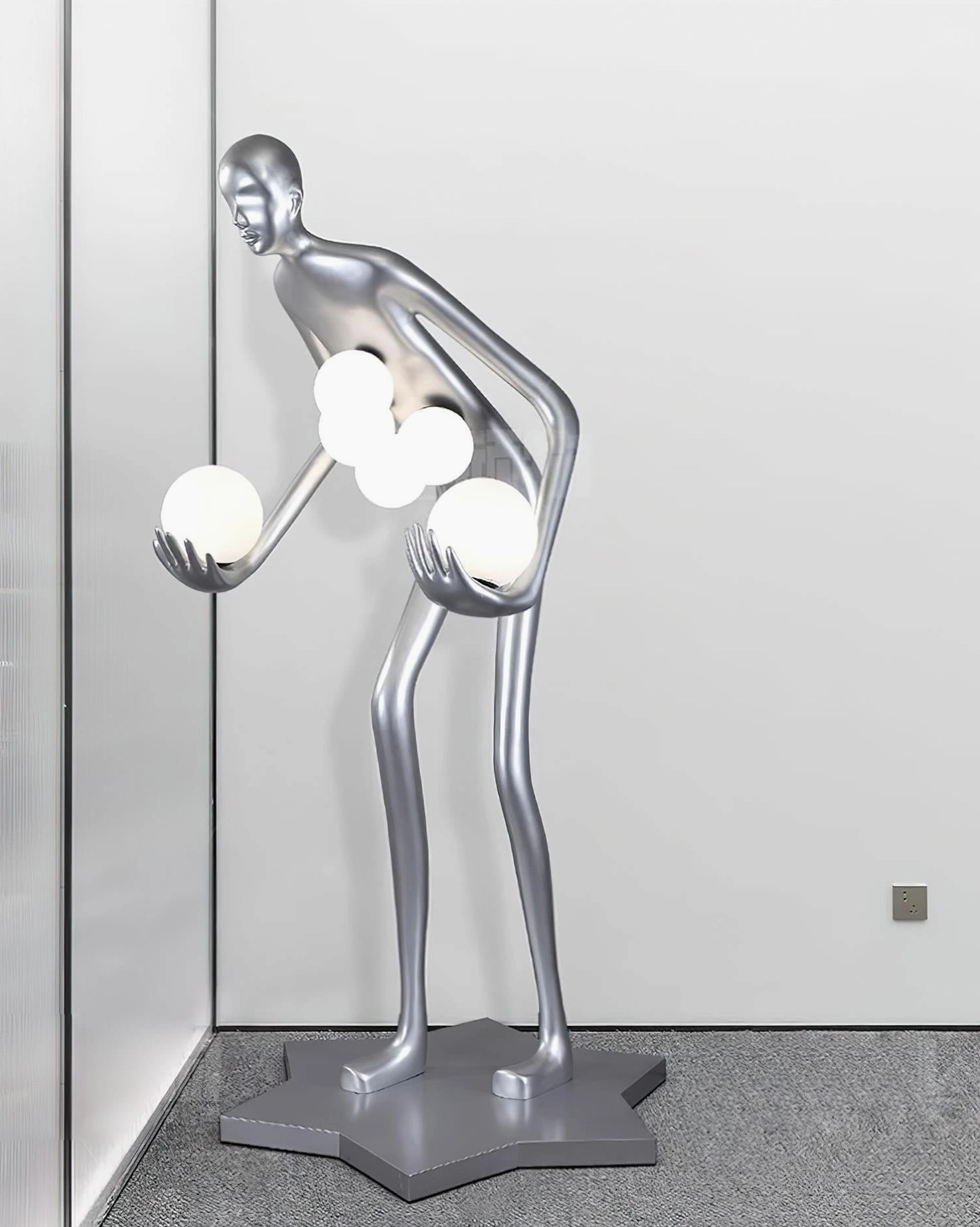 Black humanoid sculpture floor lamp with frosted glass orbs, modern artistic contemporary design