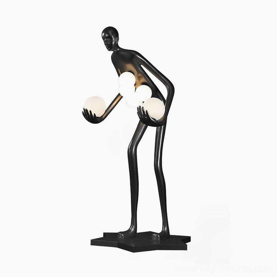 Milly humanoid sculpture floor lamp black finish with frosted glass orbs, contemporary art lighting