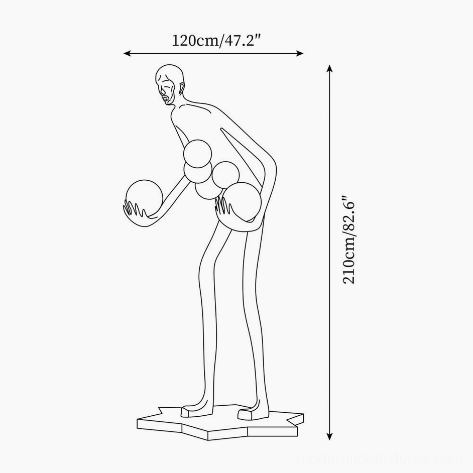 Milly sculpture floor lamp technical blueprint and dimensions, 120cm diameter by 210cm height line drawing