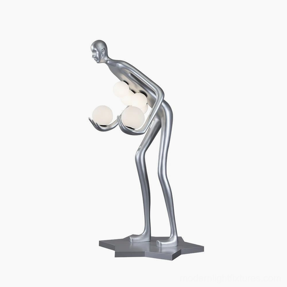 Milly sculpture floor lamp silver finish with frosted glass light orbs, humanoid artistic design