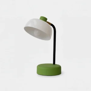 Milo Arc table lamp with green metal base and white shade, front view on plain background