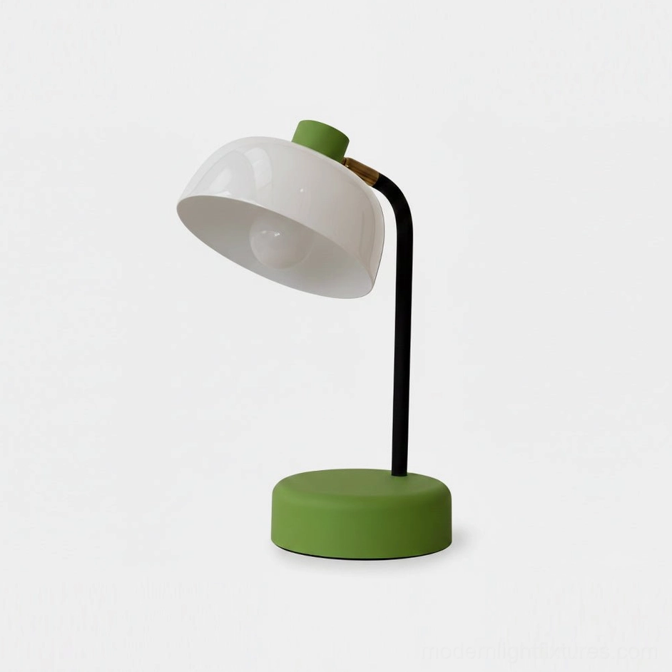 Milo Arc table lamp with green metal base and white shade, front view on plain background