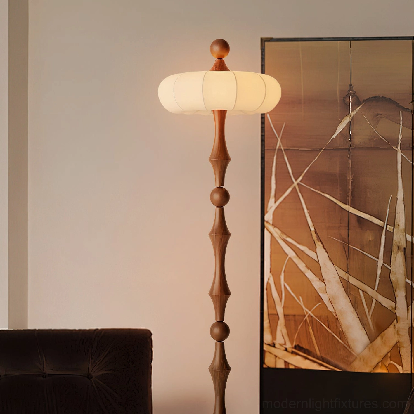 Close-up detail of Milo floor lamp showing natural wood grain and sculptural spindle elements with folding screen decor