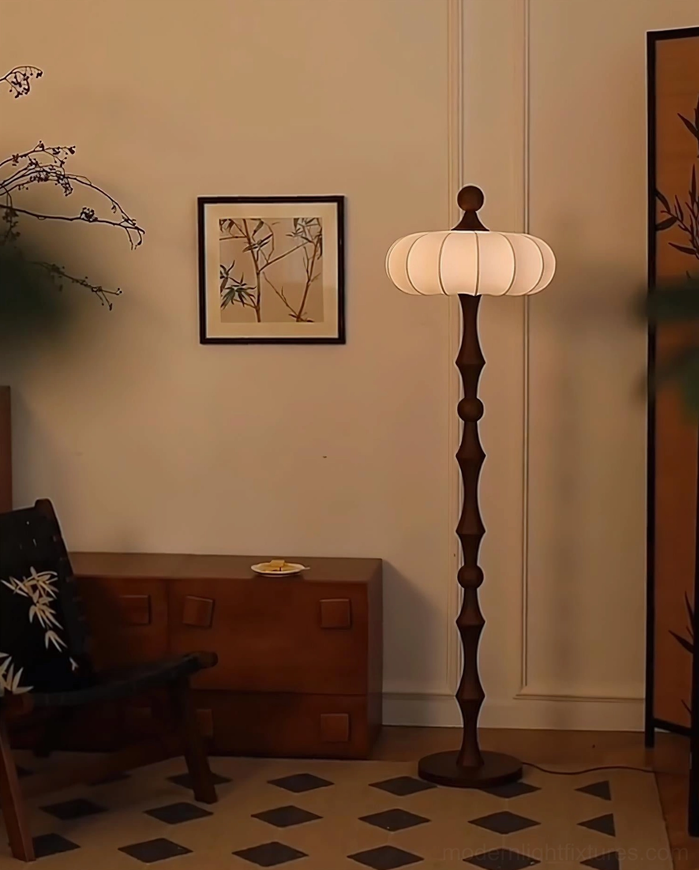 Milo wood floor lamp in study room with wooden cabinet and botanical wall art, warm neutral interior styling
