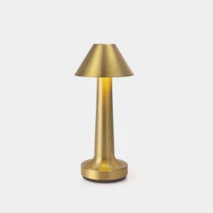 Mina rechargeable LED table lamp in brushed gold finish, front view on white background