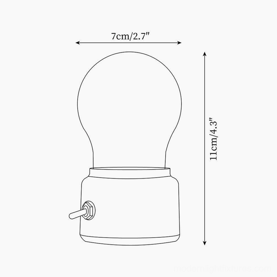 Technical specifications schematic of miniature Edison lamp showing 7cm width and 11cm height dimensions
