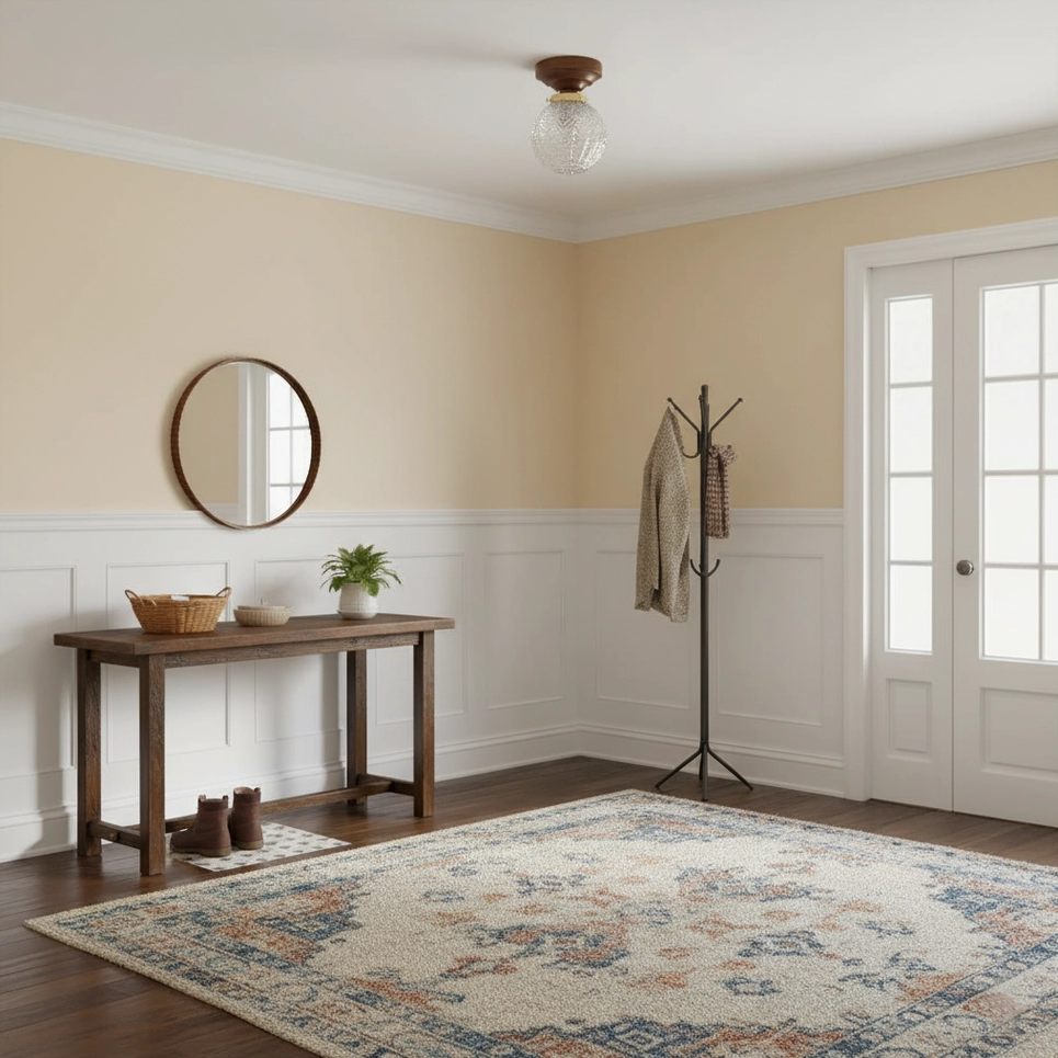 Compact flush mount ceiling light in small coat entryway, coordinates with wood furniture and wall mirror