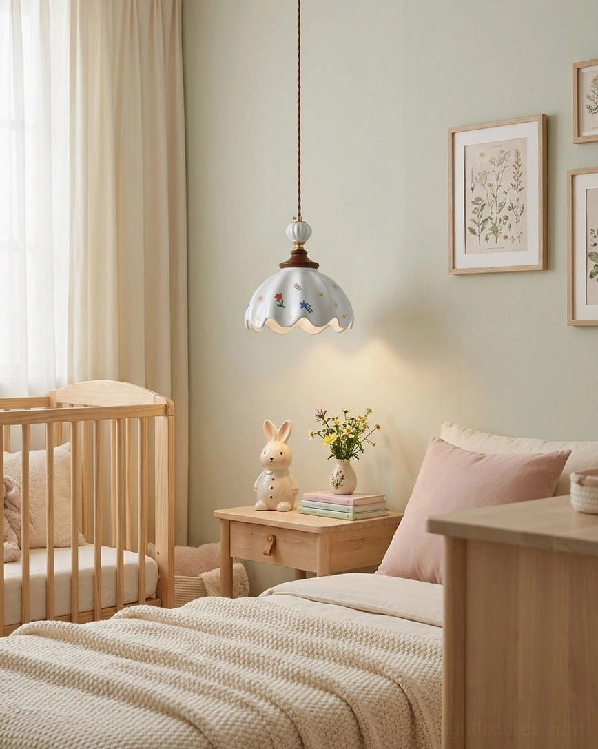 Miniature floral ceramic pendant lighting nursery bedroom with wooden crib, botanical wall art, and soft sage green walls