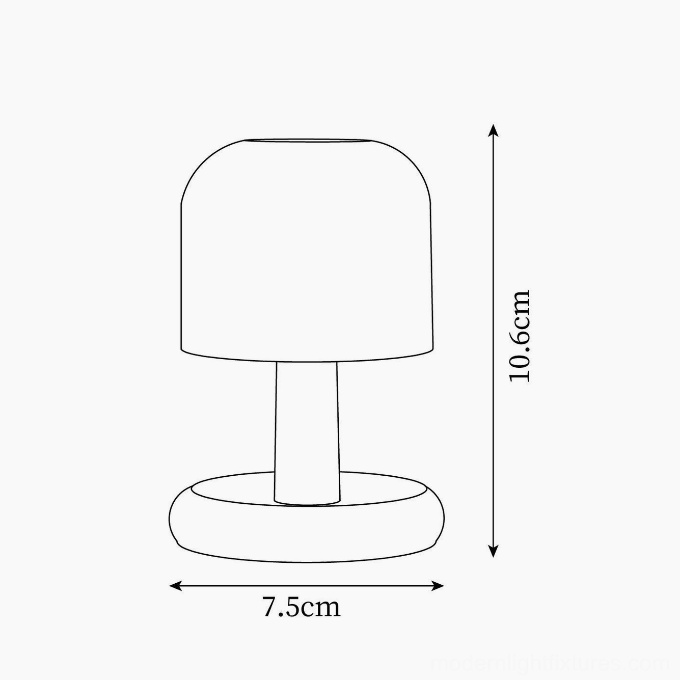 Technical dimension drawing of tall Model A Mini Mushroom Lamp - 7.5cm diameter, 10.6cm height