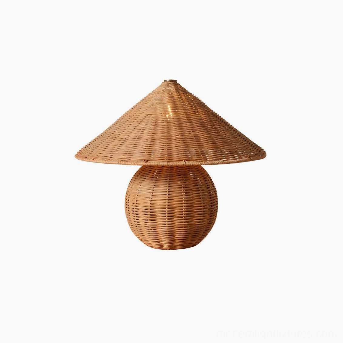Mini rattan mushroom table lamp with classic spherical base, front studio view showing sculptural simplicity and hand-woven artisanal character