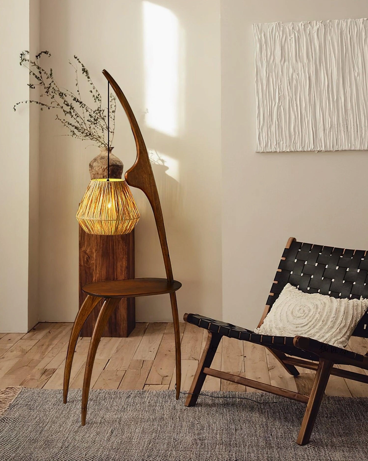 Minimalist arc floor lamp with integrated side table in sunlit living room with wooden furniture