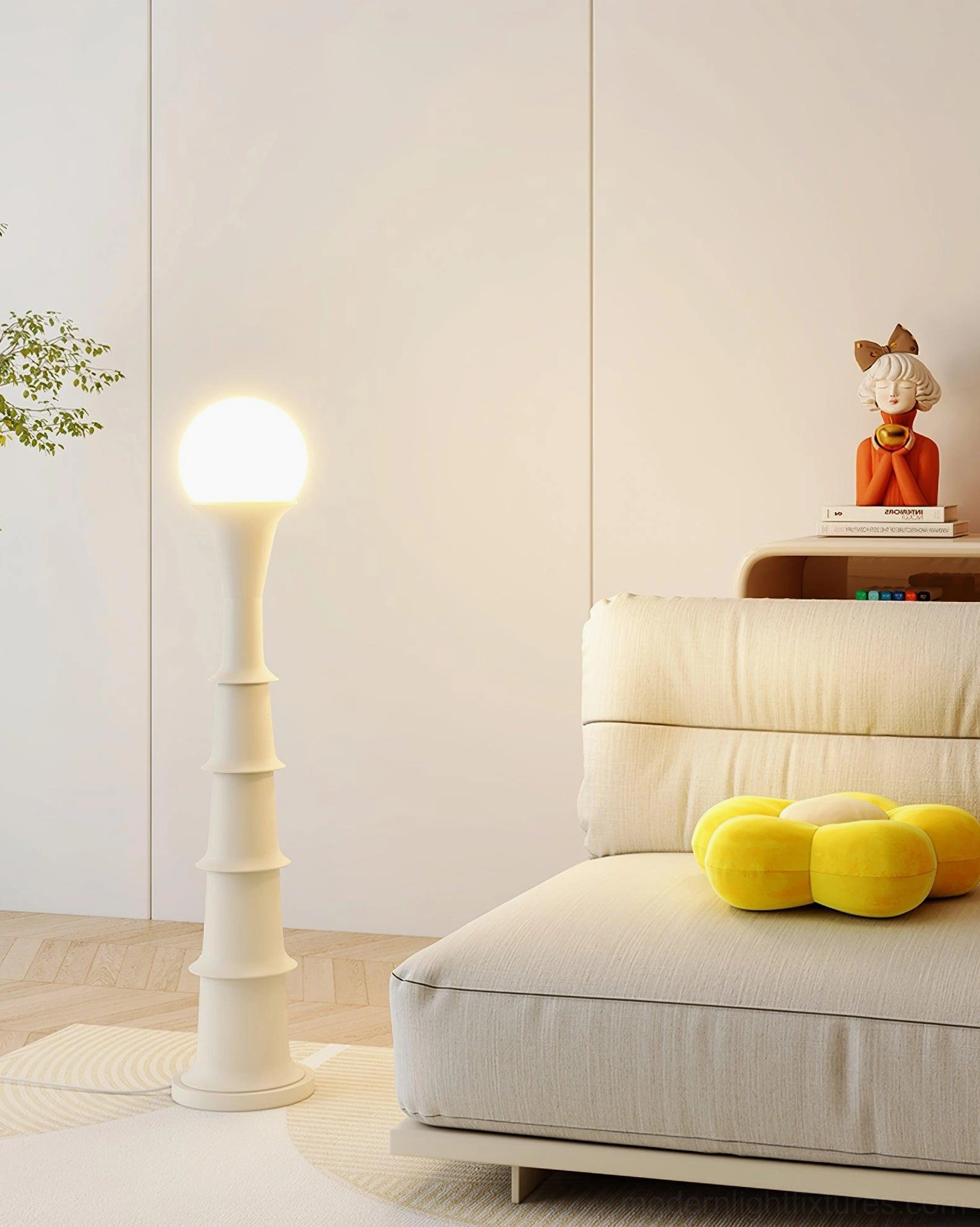 Off-white bamboo joint floor lamp side profile in minimalist living room with daybed, warm cozy illumination