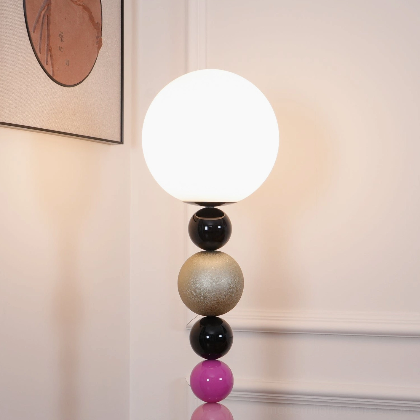 Colorful round ball floor lamp in minimalist room setup, artistic statement piece for contemporary decor
