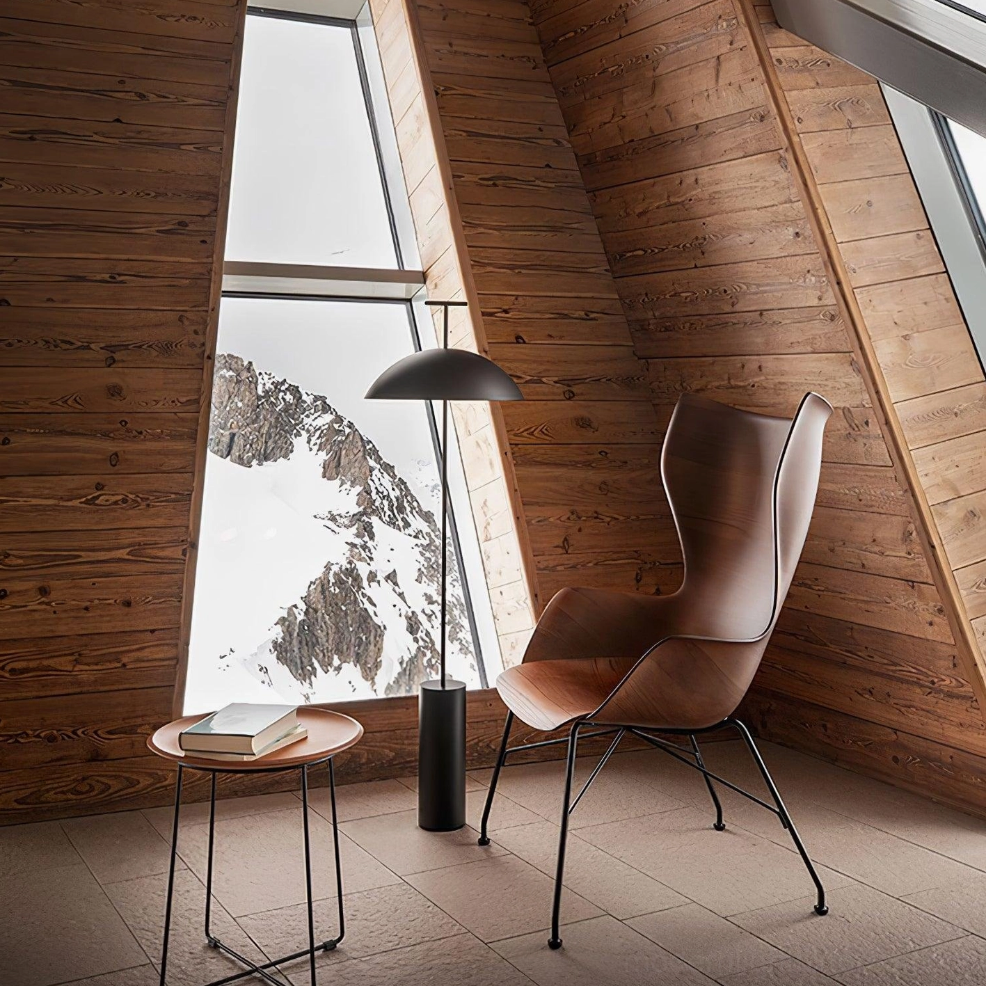 Minimalist black dome floor lamp sleek design profile view in modern interior