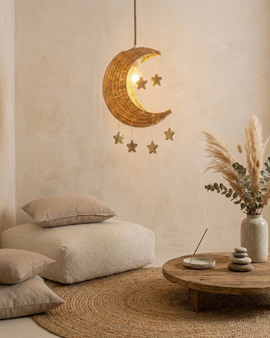 Handwoven rattan moon star pendant light in minimalist lounge corner - warm neutral casual boho design
