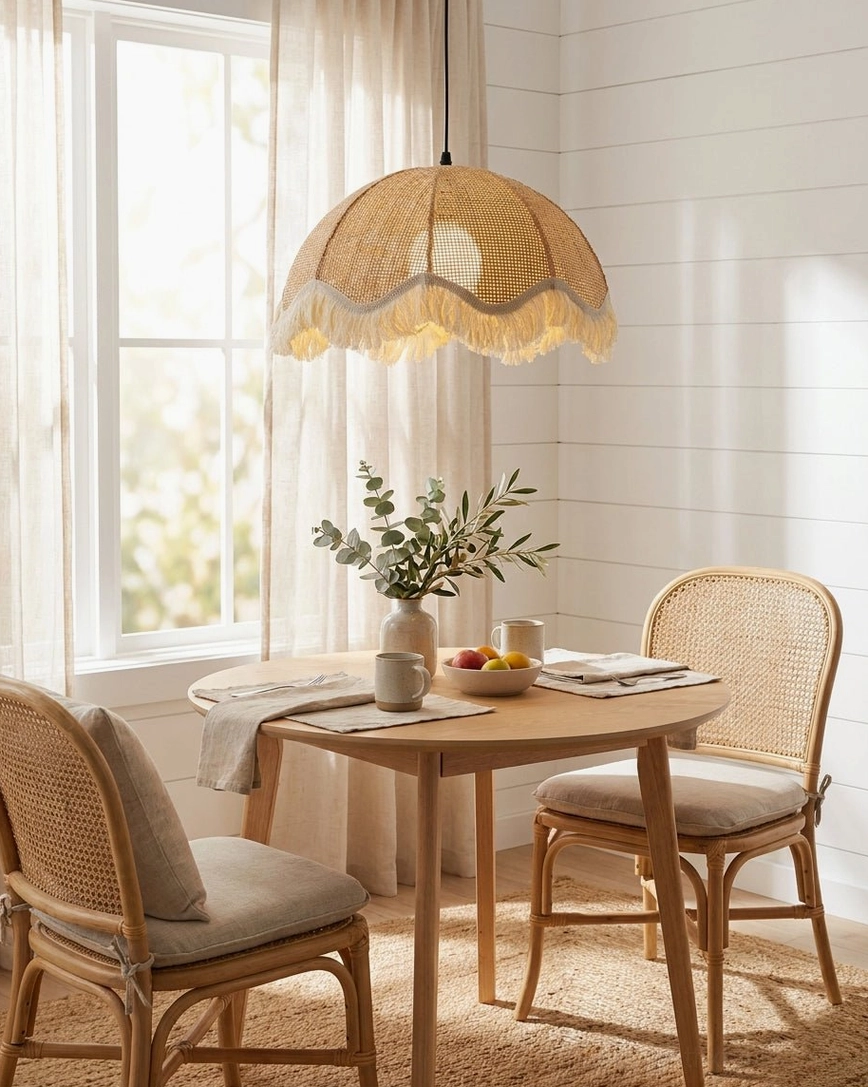 Rattan tassel fringe pendant light above dining table in bright windowed room, minimalist boho pendant fixture