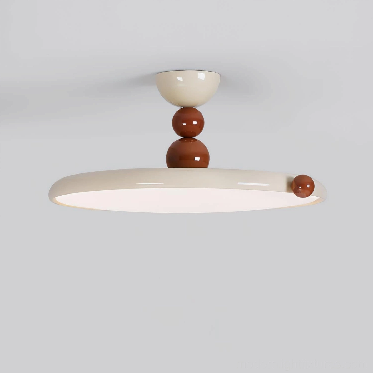 Side profile view of contemporary minimalist ceiling lamp showing stacked brown spherical hardware details and clean metal body