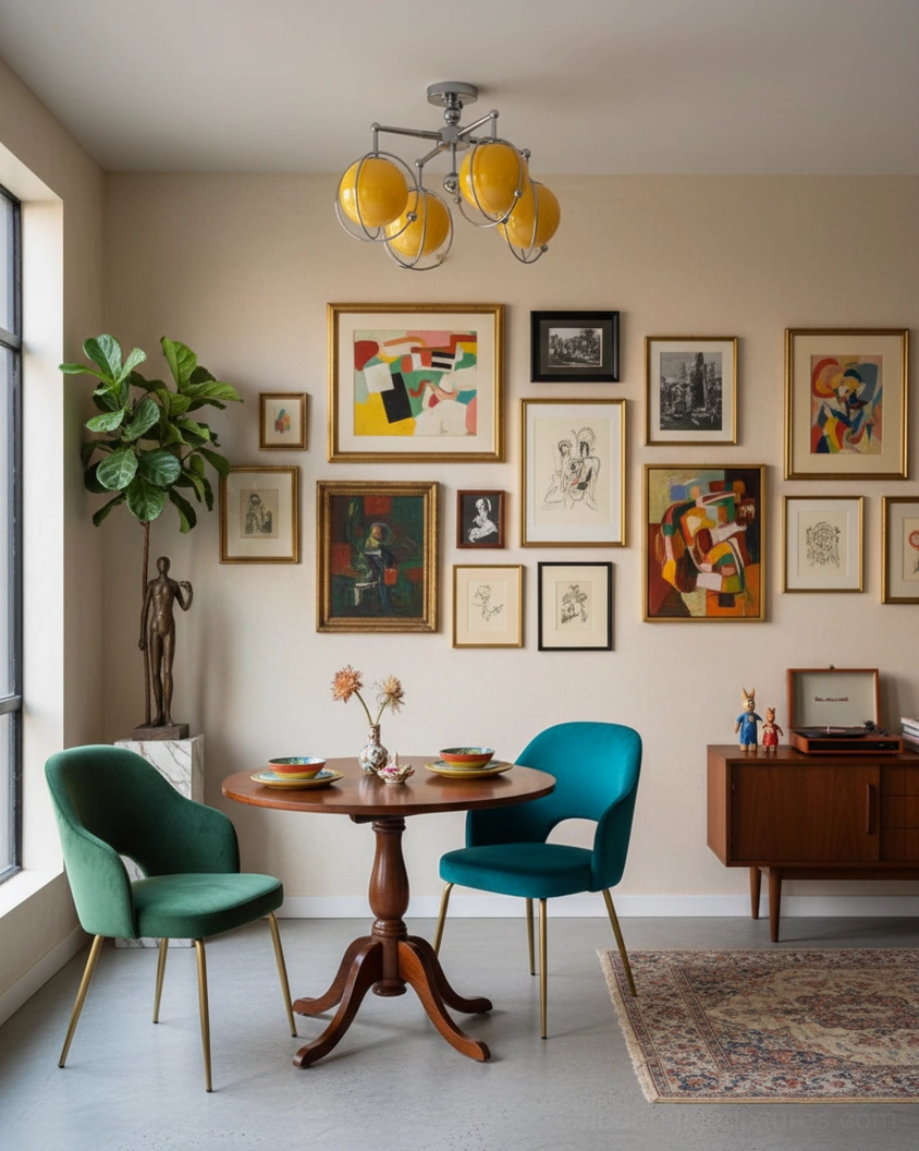 Galaxy Spin ceiling fixture above dining nook in minimalist mid-century modern interior with gallery wall