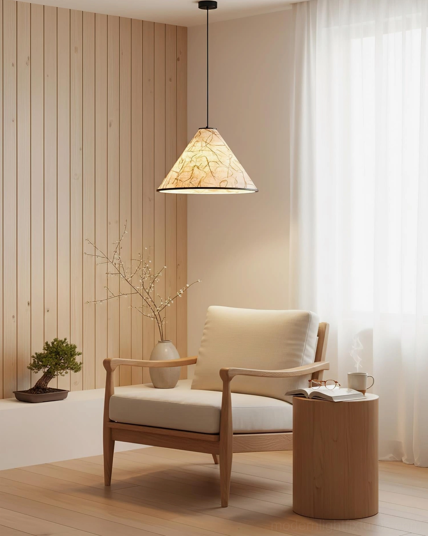 Modern minimalist cone pendant lamp with warm beige shade and black metal frame in contemporary interior