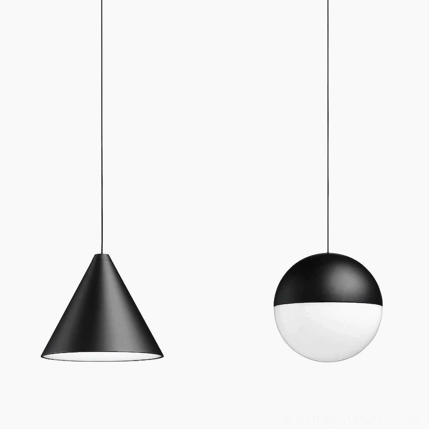 Minimalist cone pendant light, matte black metal construction, exposed cable design feature, contemporary lighting solution