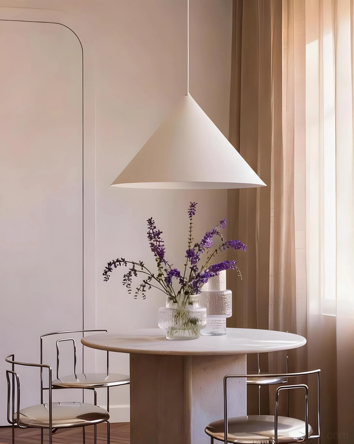 White matte cone pendant fixture in modern round dining room, warm contemporary interior