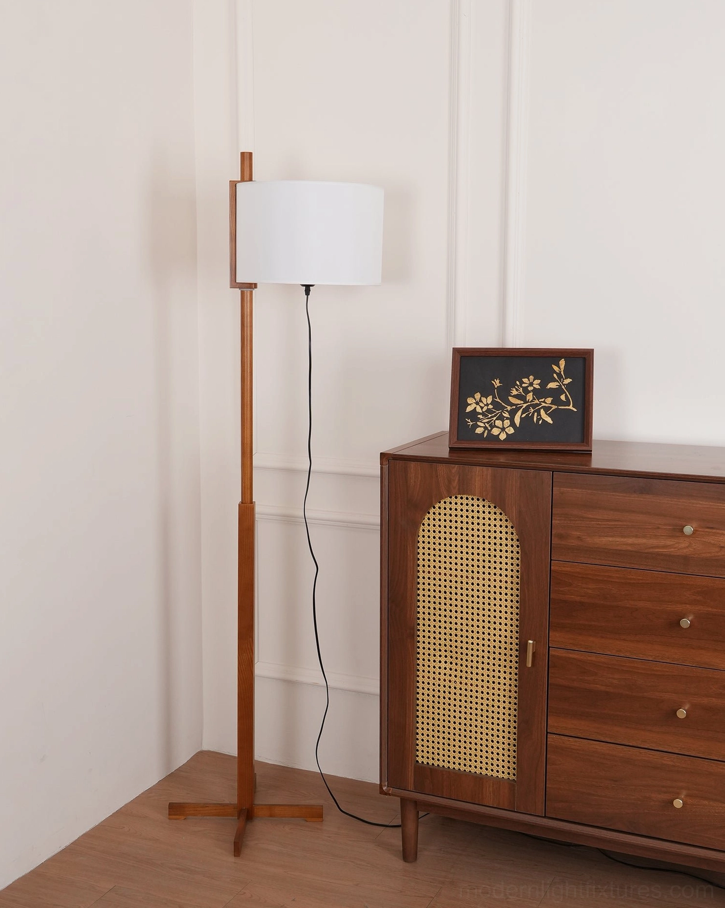 Minimalist contemporary walnut wood floor lamp with white shade, showcasing clean lines and functional design principles