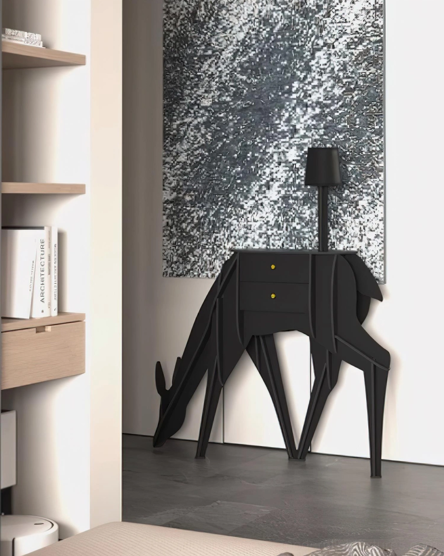 Deer-shaped decorative floor lamp in modern interior setting, minimalist aesthetic with storage functionality