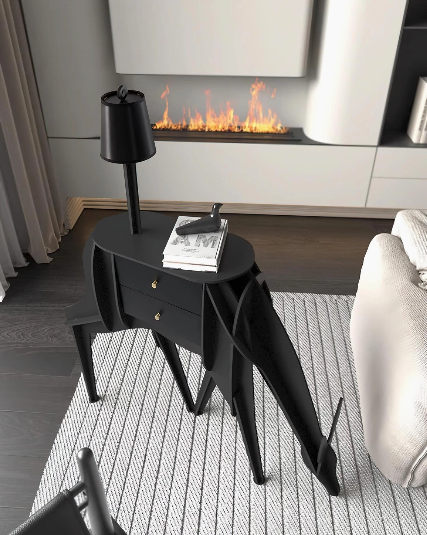 Decorative floor lamp with deer animal silhouette, contemporary minimalist style with functional storage compartments