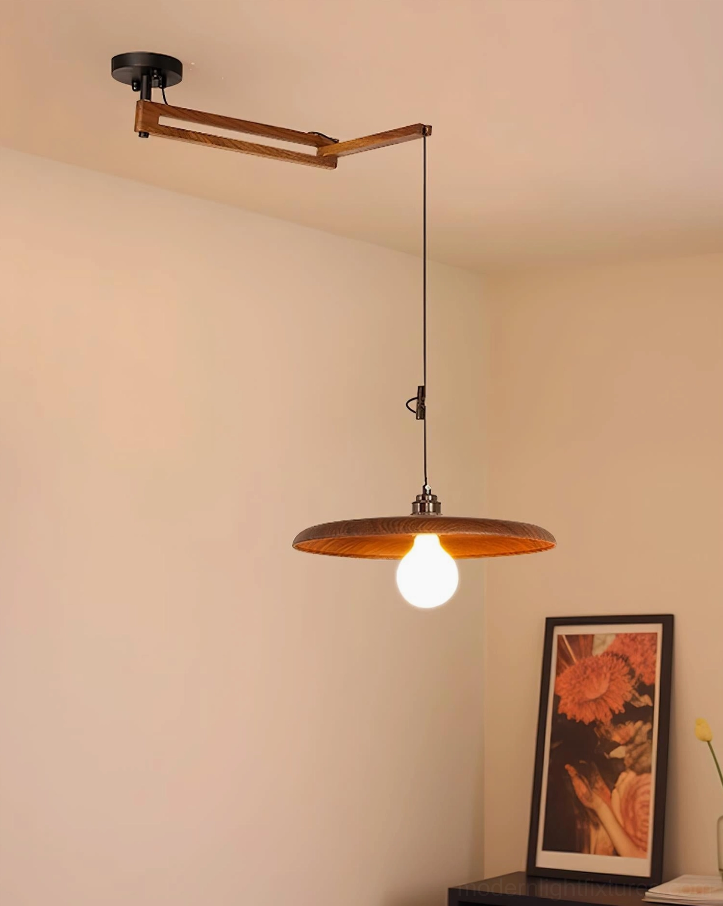 Modern minimalist dining pendant lamp with warm walnut finish