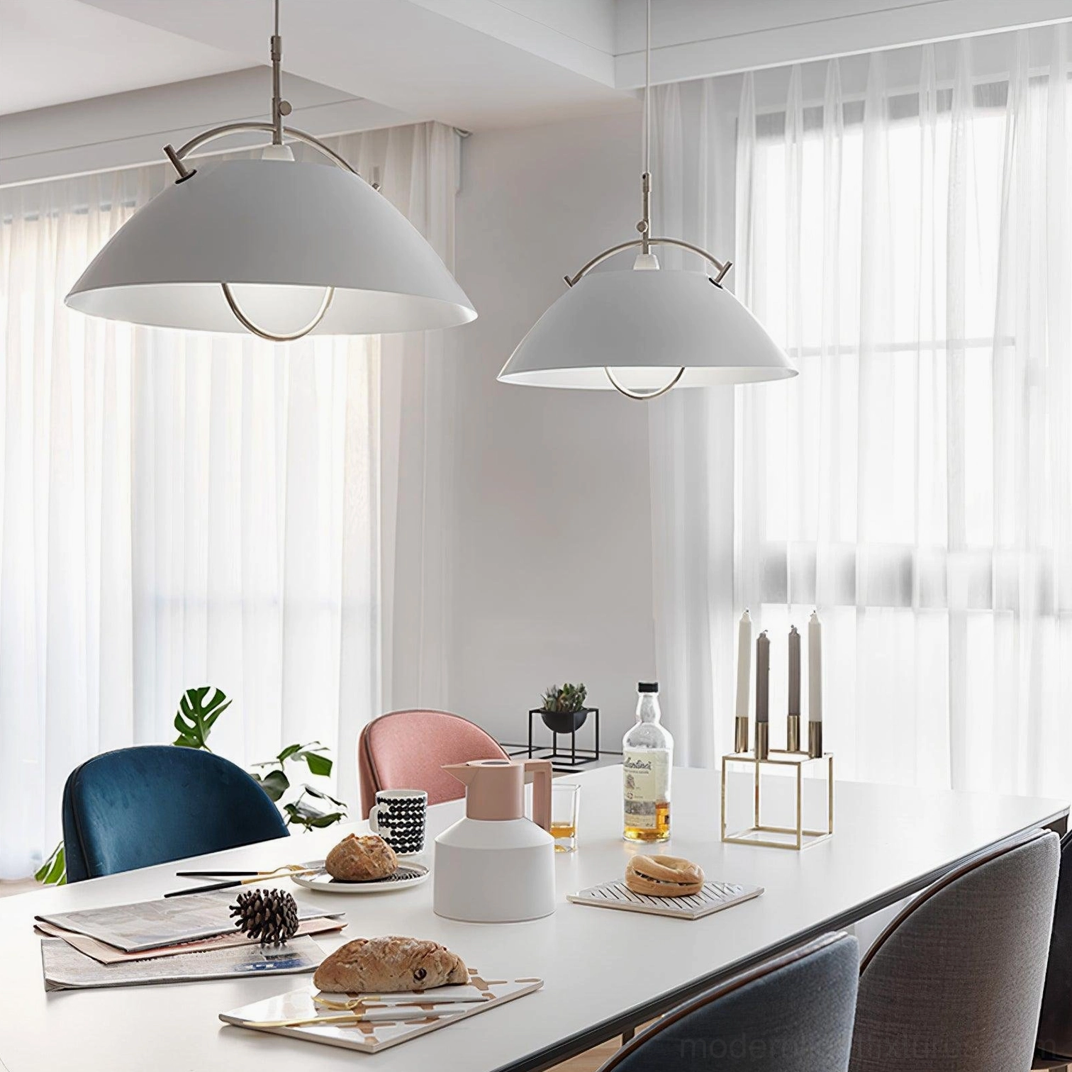 Modern dome pendant light in minimalist home setting with clean architectural backdrop