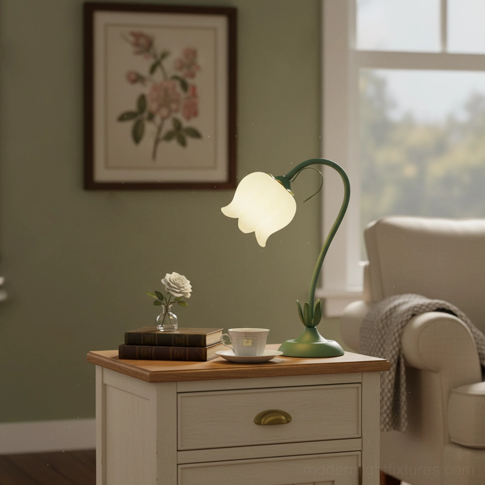 Minimalist bedroom dresser with twist tulip flower lamp and botanical wall art on green wall