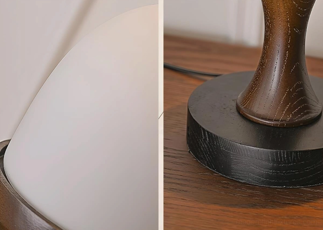 Natural wood egg-shaped table lamp displaying sculptural form and minimalist aesthetic in modern interior setting