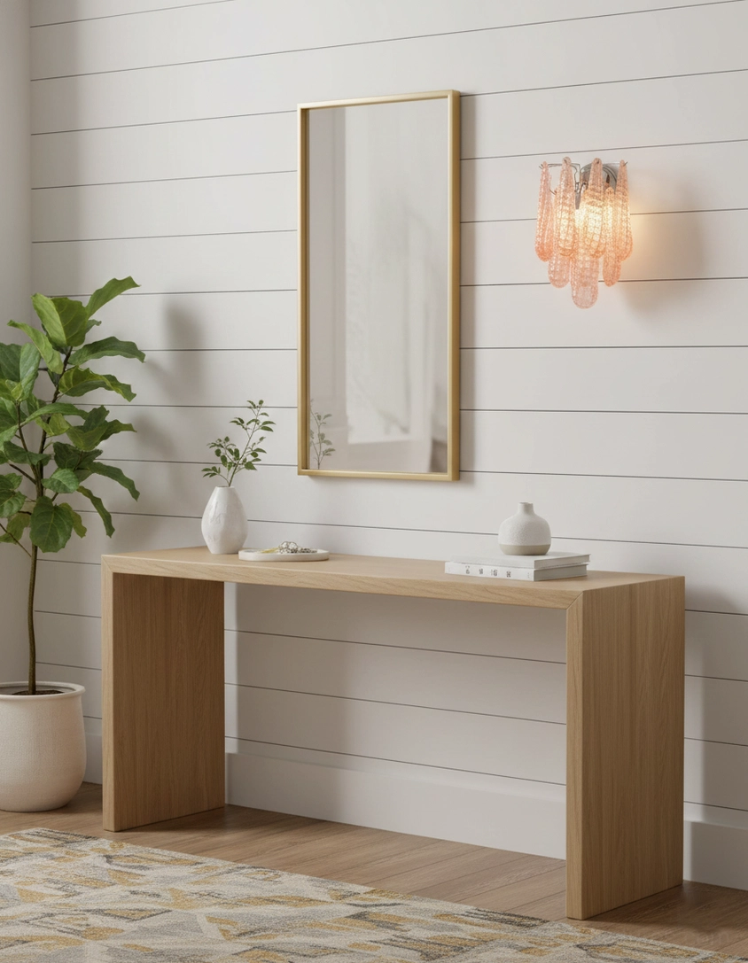 Single pink glass sconce with console table in minimalist luxury home entryway hallway